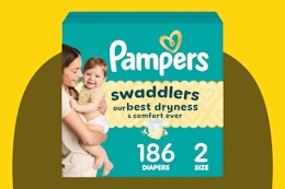 Pampers Swaddlers Diapers, Size 2 (10-22 lbs), 186 Count on a yellow background.