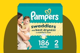 Pampers Swaddlers Diapers, Size 2 (10-22 lbs), 186 Count on a yellow background.