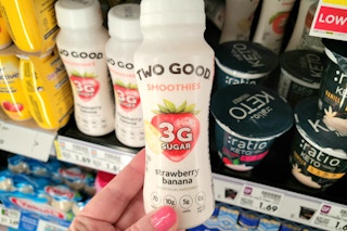 hand holding two good smoothies at kroger