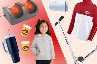Sharper Image foot massager, Owala tumblers, Play-Doh cans, Cat & Jack jacket, Chiefs NFL men's sweatshirt, scooter