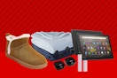 QVC Gift-a-thon sale items on a red background. 