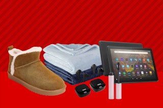 QVC Gift-a-thon sale items on a red background.