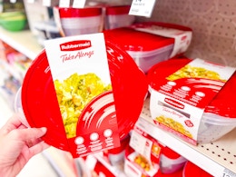 hand holding a rubbermaid bowl set in front of target shelves