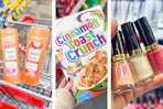 collage image of suave shampoo, cinnamon toast crunch cereal, and revlon nail polish