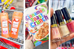 collage image of suave shampoo, cinnamon toast crunch cereal, and revlon nail polish