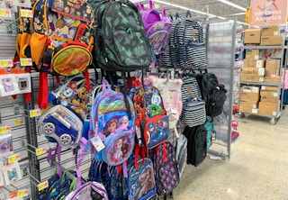 area shot of kids backpacks at walmart
