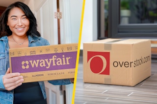 woman holding wayfair box in doorway and overstock box on doorstep