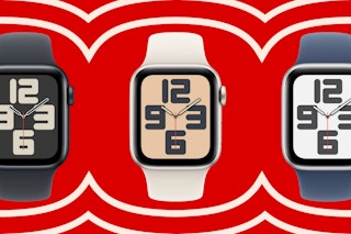 Three Apple Watches in midnight, starlight & denim  over red hypnosis background