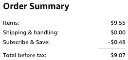 an amazon order summary ending in $9.07