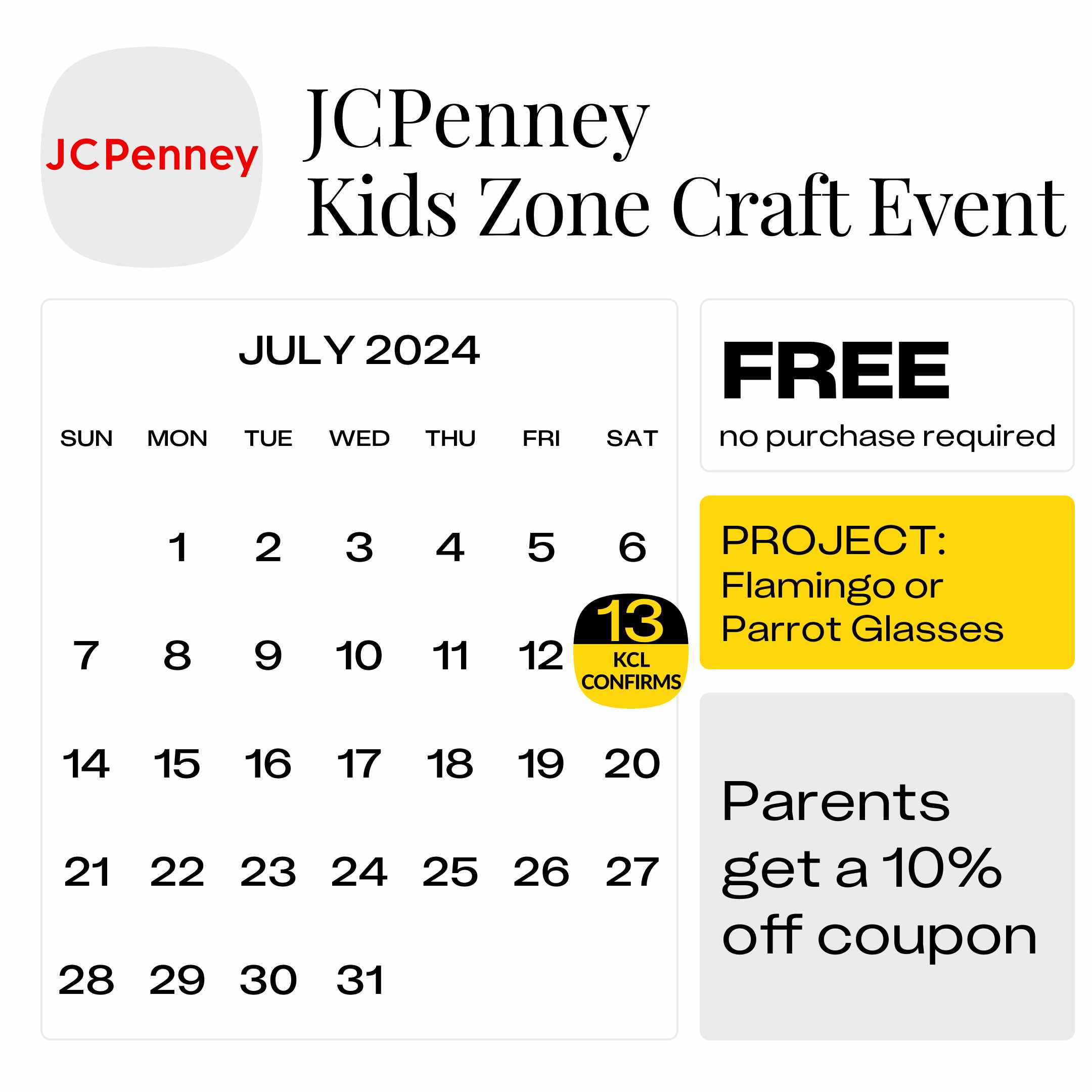 JCPenney Kids Zone Events 2024 Make Flamingo or Parrot Glasses on July