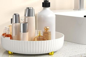 a makeup organizer on a counter