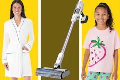 collage with models wearing apparel and a vacuum