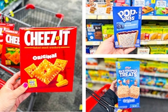 collage with cheez-its, pop-tarts, rice krispies treats