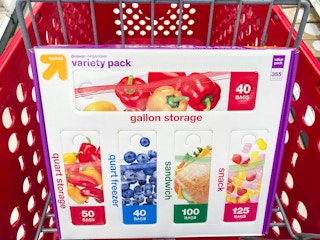 a 355 count storage bags variety pack sitting in a Target cart