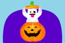 Inflatable Halloween ghost on a purple and blue background.