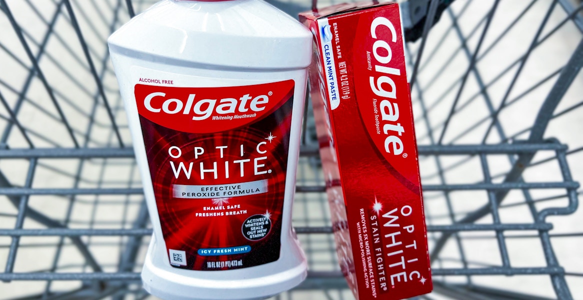 colgate mouth wash and toothpaste in a walgreens cart