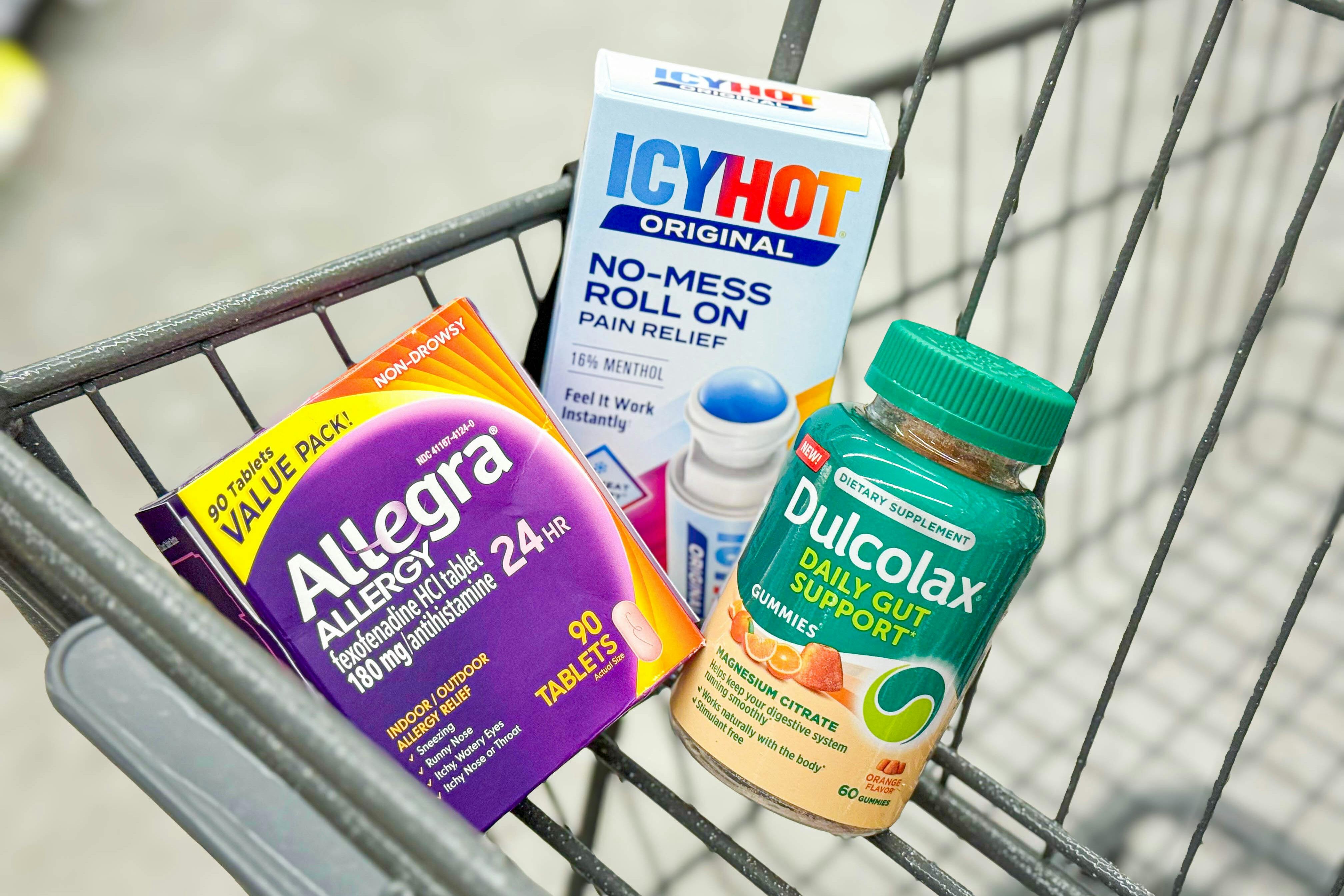 allegra, icy hot, and dulcolax in a shopping cart