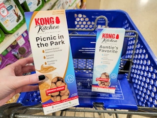 kong dog biscuits in a cart