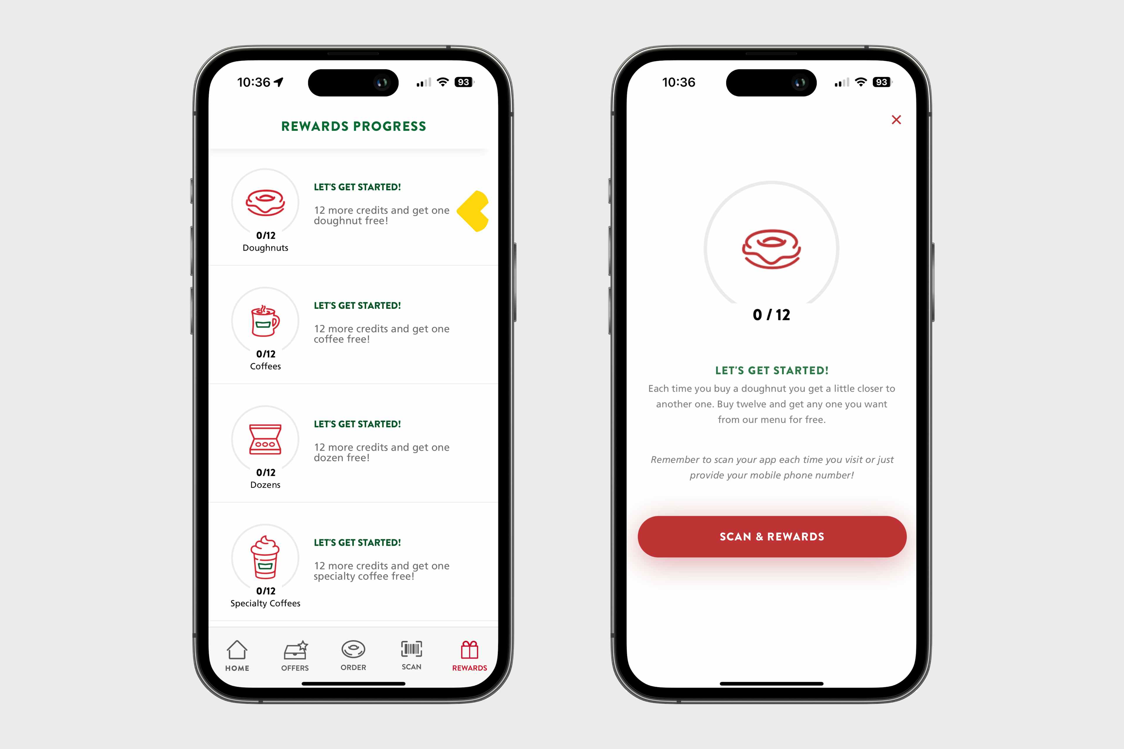 two phones showing krispy kreme reward offers on their app