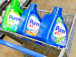3 Purex laundry detergents in front part of Walmart shopping cart