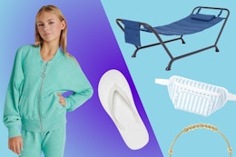 Kids' jacket, Crocs sandals, hammock chair, fanny pack & a bracelet 