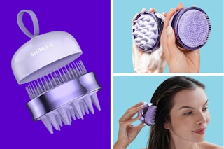 A scalp massager-shampoo brush pulled apart to show its versatility, a woman uses it.