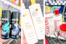collage image of axe body spray, dove shampoo, and thayers skincare