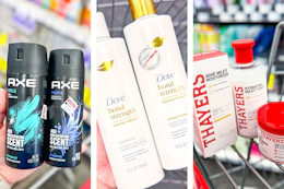 collage image of axe body spray, dove shampoo, and thayers skincare