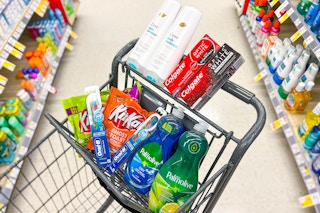 shopping cart with dove, kit kat, palmolive, colgate, and oral-b products