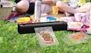 a vacuum sealer next to a picnic blanket with food and people