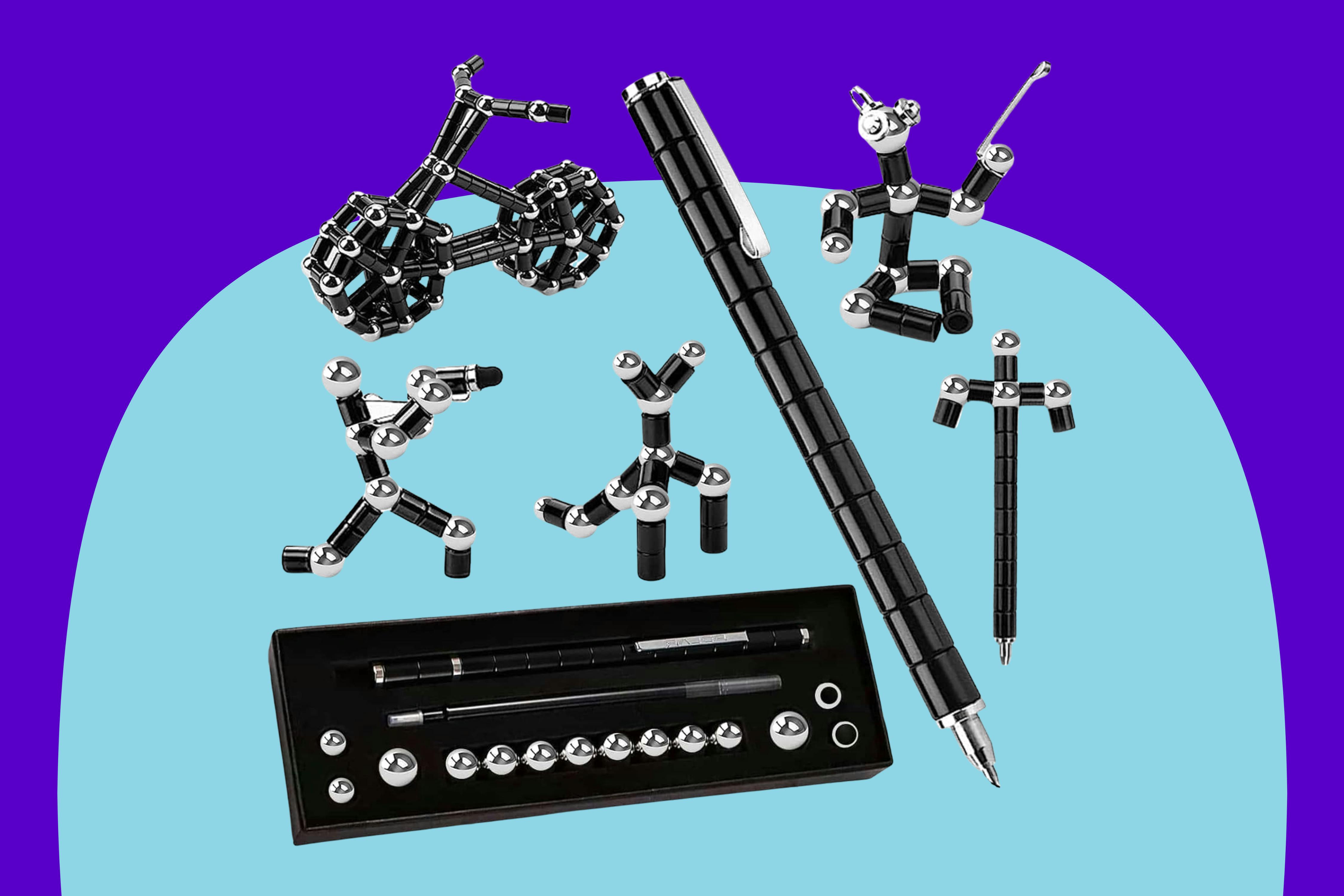 YYMHMF Fidget Pen on a blue background.