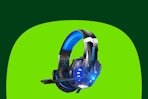A blue and black gaming headset with a visible microphone, a padded band, and lighted earpieces