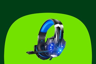 A blue and black gaming headset with a visible microphone, a padded band, and lighted earpieces