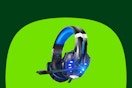 A blue and black gaming headset with a visible microphone, a padded band, and lighted earpieces