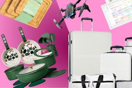wooden cutting boards, drone, white digital calendar, white luggage set, green carote cookware set