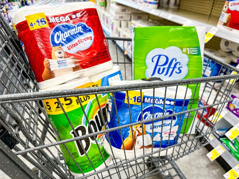 charmin, bounty, and puffs products in a cart