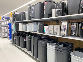 Trash cans on display at Walmart