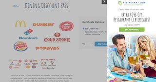 A screenshot of the Restaurants.com Dining Discount Pass page.