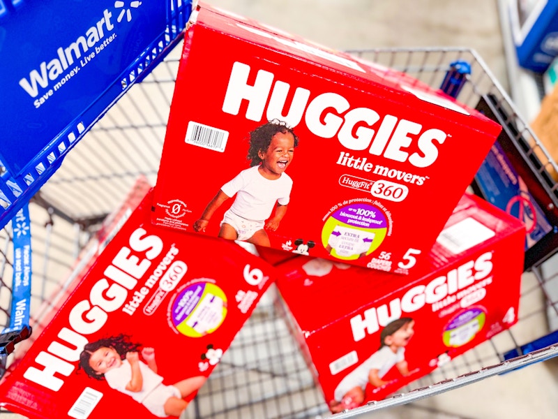 three boxes of huggies huggfit 360 diapers in walmart cart