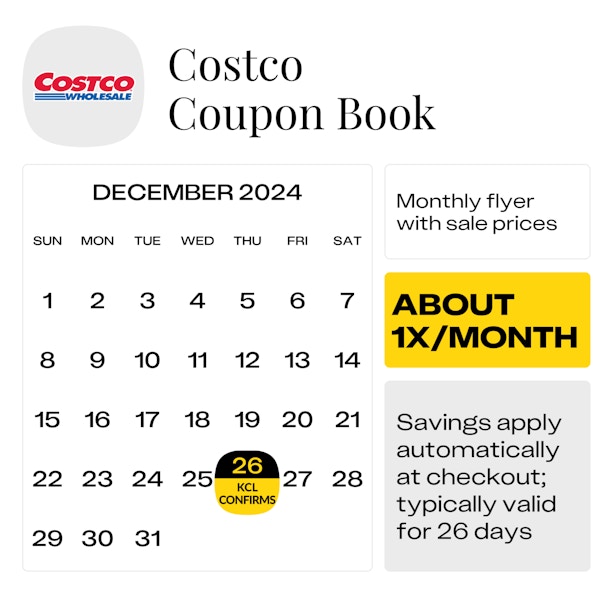 Black and white calendar graphic showing that the January Costco Coupon Book starts on Dec. 26, 2024