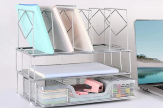 gianotter Desk Organizers and Accessories, Office Supplies Organizer with Sliding Drawer, Double Tray and 5 Upright Section File Sorter