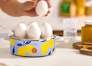 eggs sitting in an egg cooker on a counter