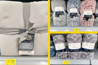 collage of three blankets all tagged as clearance at Walmart in stores