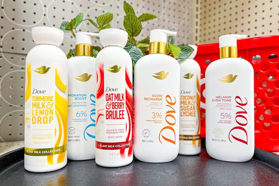 6 dove body wash bottles together at target
