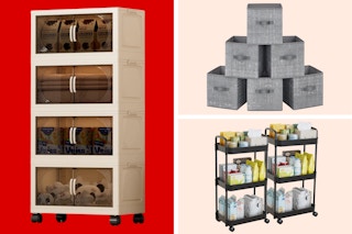 Three different types of storage from Walmart.com: Stackable Bins, Woven Baskets & a Toy Chest