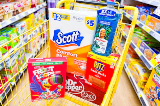 dollar general groceries in yellow shopping cart