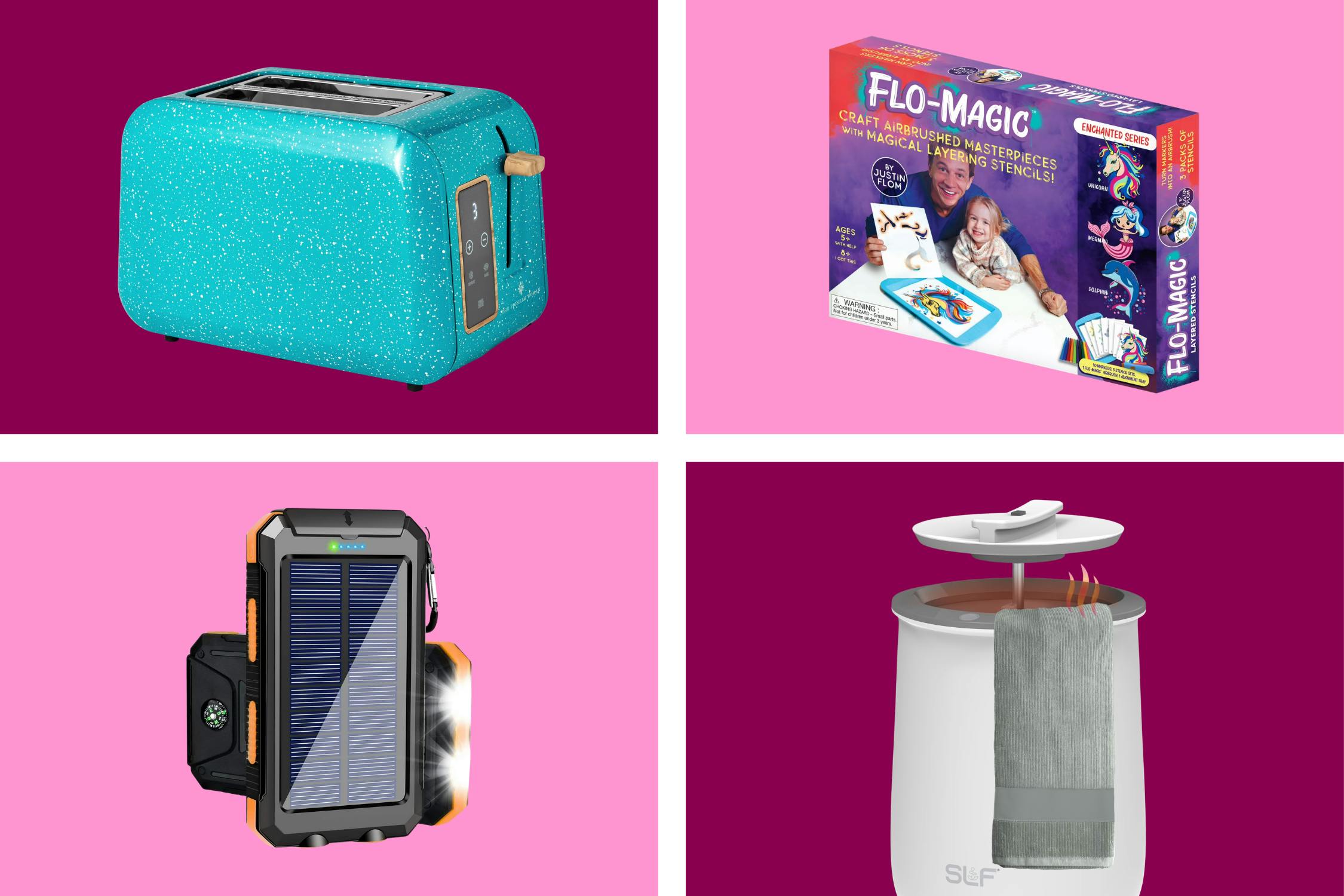 Pioneer Woman toaster, Flo-Magic toy, wireless solar charger, towel warmer