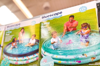 3-ring inflatable kiddie pools on shelf in Walmart store