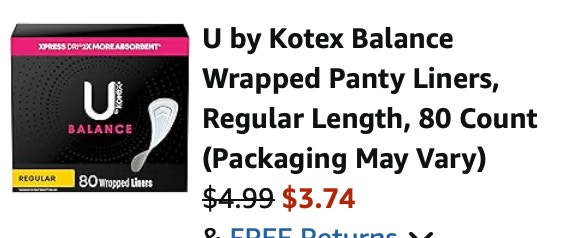 U by Kotex Panty Liners Amazon receipt