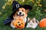 Dog and cat outdoors next to pumpkin with the dog wearing a witch Halloween costume